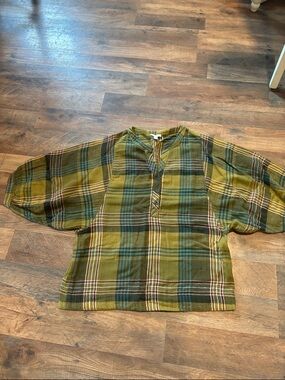 Garnet Hill Olive and Teal Striped Button Henley